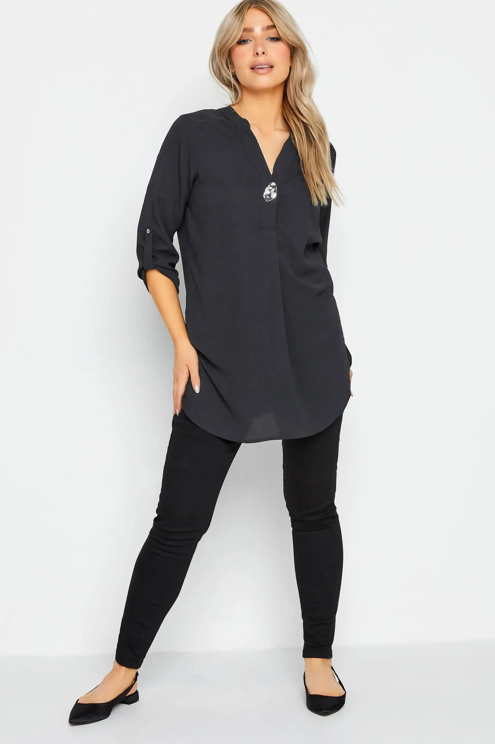 M&Co Womens M&Co Black Statement Button Tab Sleeve Shirt