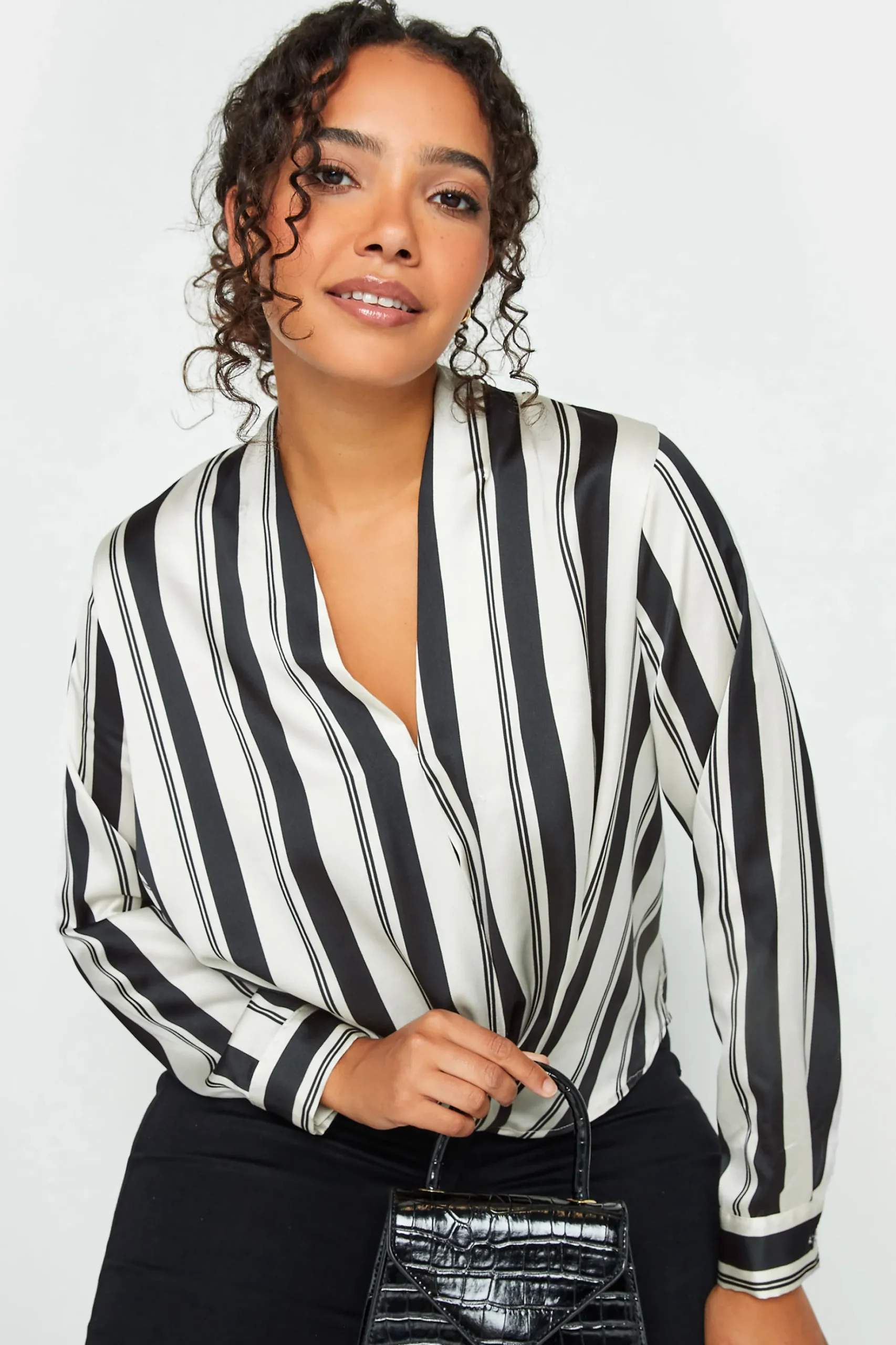 M&Co Womens M&Co Black Stripe Print Wrap Front Blouse