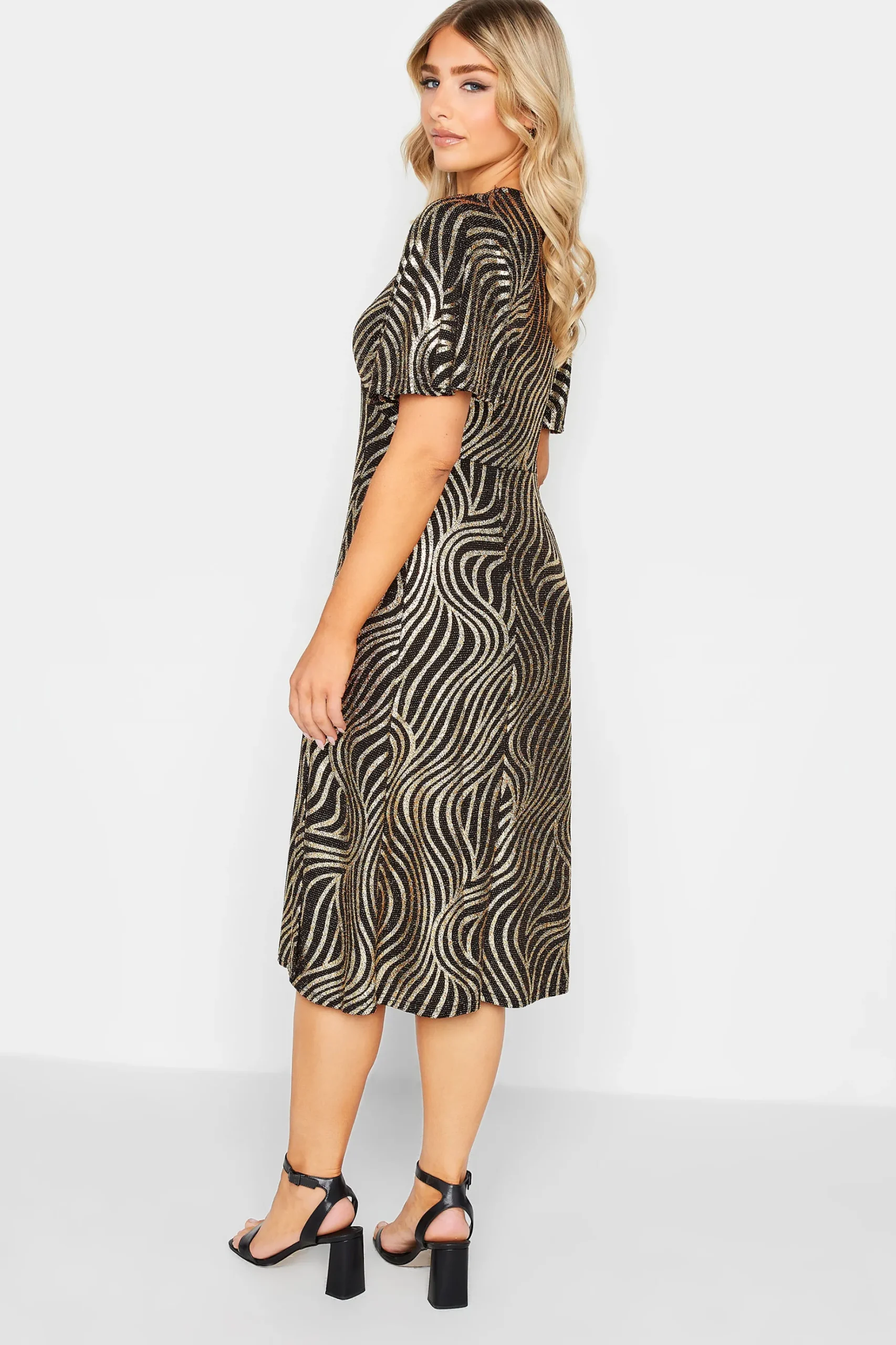 M&Co Womens M&Co Black Swirl Print Angel Sleeve Split Hem Midi Dress