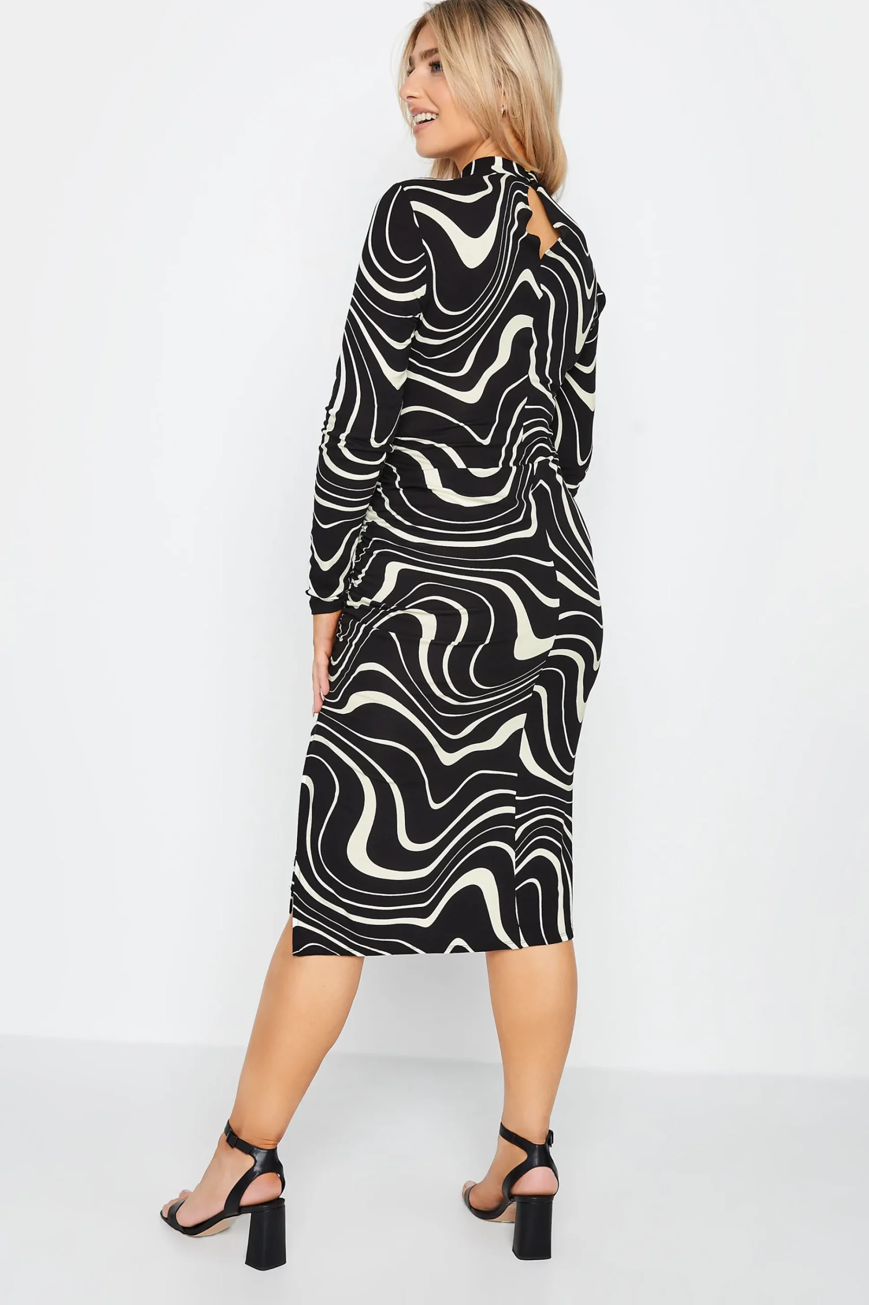 M&Co Womens M&Co Black Swirl Ruched Side Midi Dress