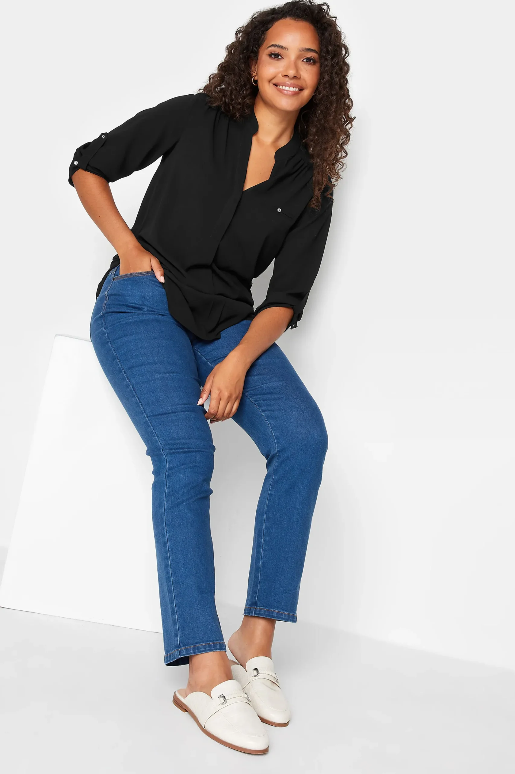 M&Co Womens M&Co Black Tab Sleeve Blouse
