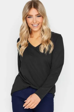 M&Co Womens M&Co Black V-Neck Long Sleeve Cotton Blend T-Shirt