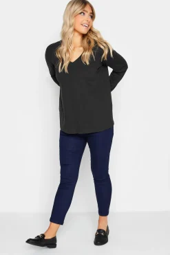 M&Co Womens M&Co Black V-Neck Long Sleeve Cotton Blend T-Shirt