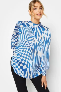 M&Co Womens M&Co Blue Abstract Print High Neck Satin Blouse
