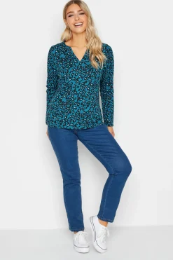M&Co Womens M&Co Blue Animal Print Notch Neck Cotton T-Shirt
