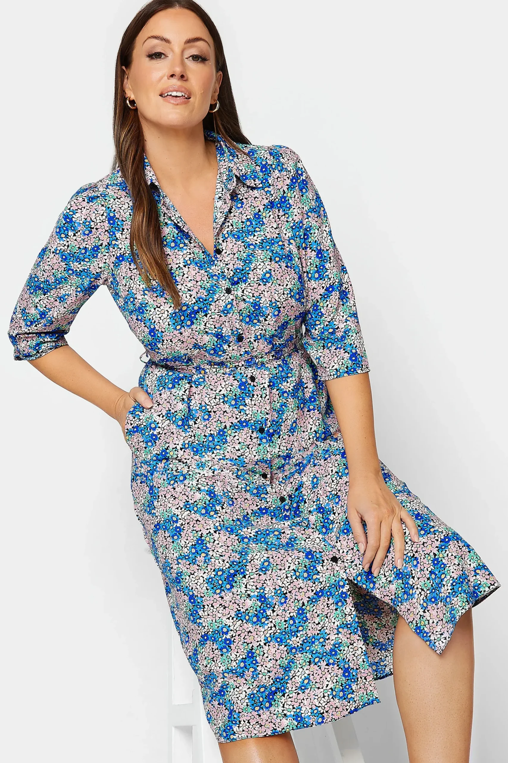 M&Co Womens M&Co Blue Ditsy Floral Tie Belt Dress