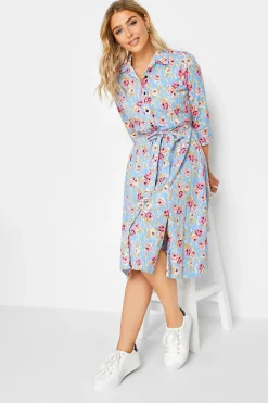 M&Co Womens M&Co Blue Floral Print Tie Waist Shirt Dress