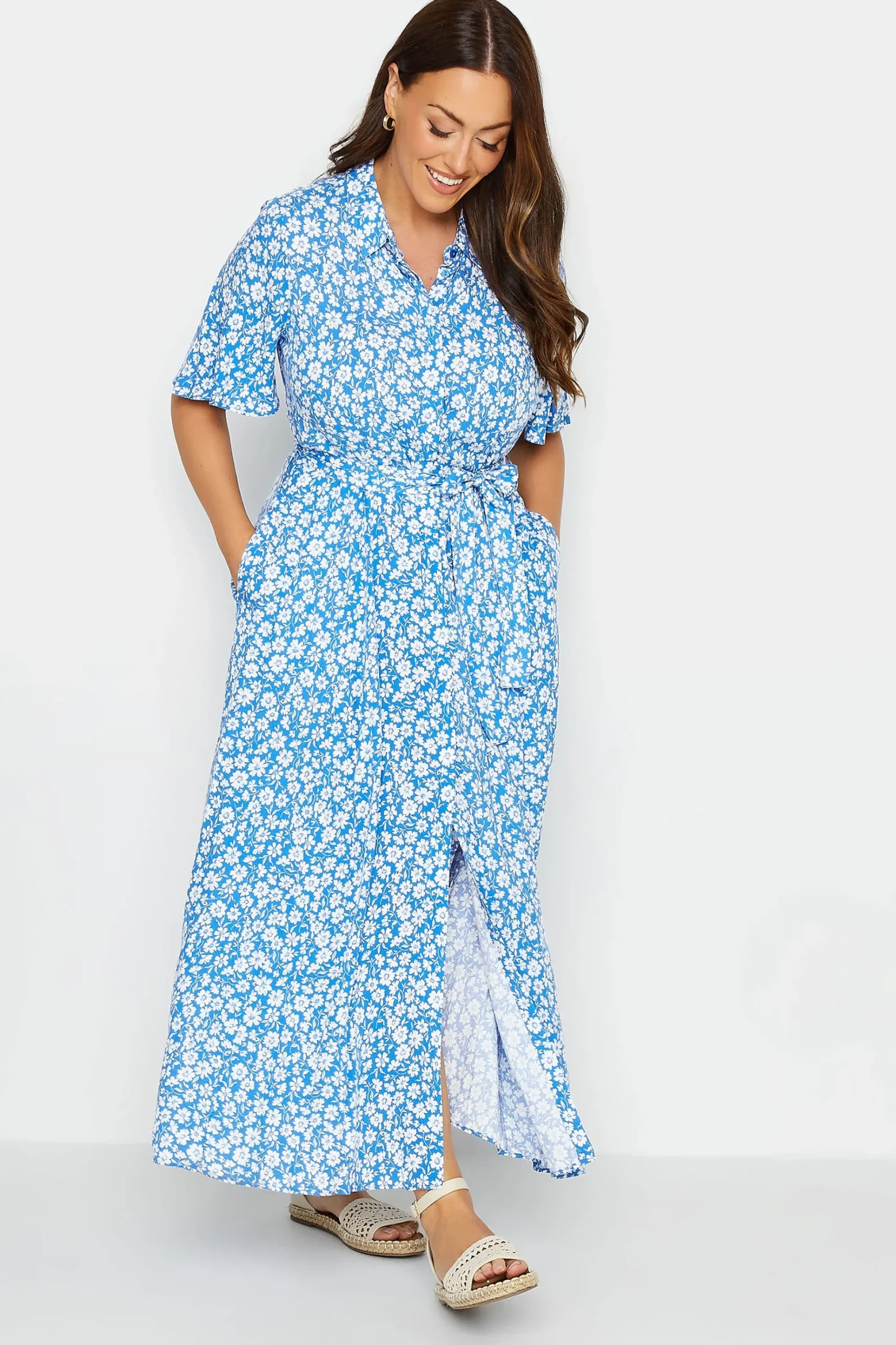 M&Co Womens M&Co Blue Floral Print Maxi Shirt Dress
