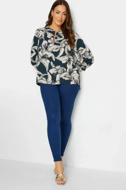 M&Co Womens M&Co Blue Floral Print 3/4 Sleeve Blouse