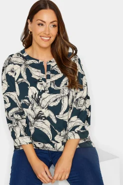 M&Co Womens M&Co Blue Floral Print 3/4 Sleeve Blouse