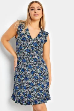 M&Co Womens M&Co Blue Floral Print Frill Sleeve Mini Dress