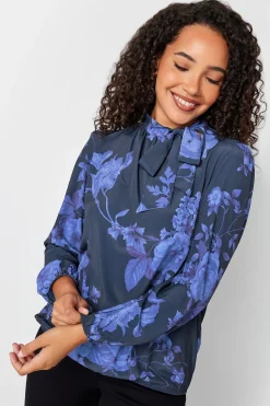 M&Co Womens M&Co Blue Floral Print Tie Neck Bubble Hem Blouse