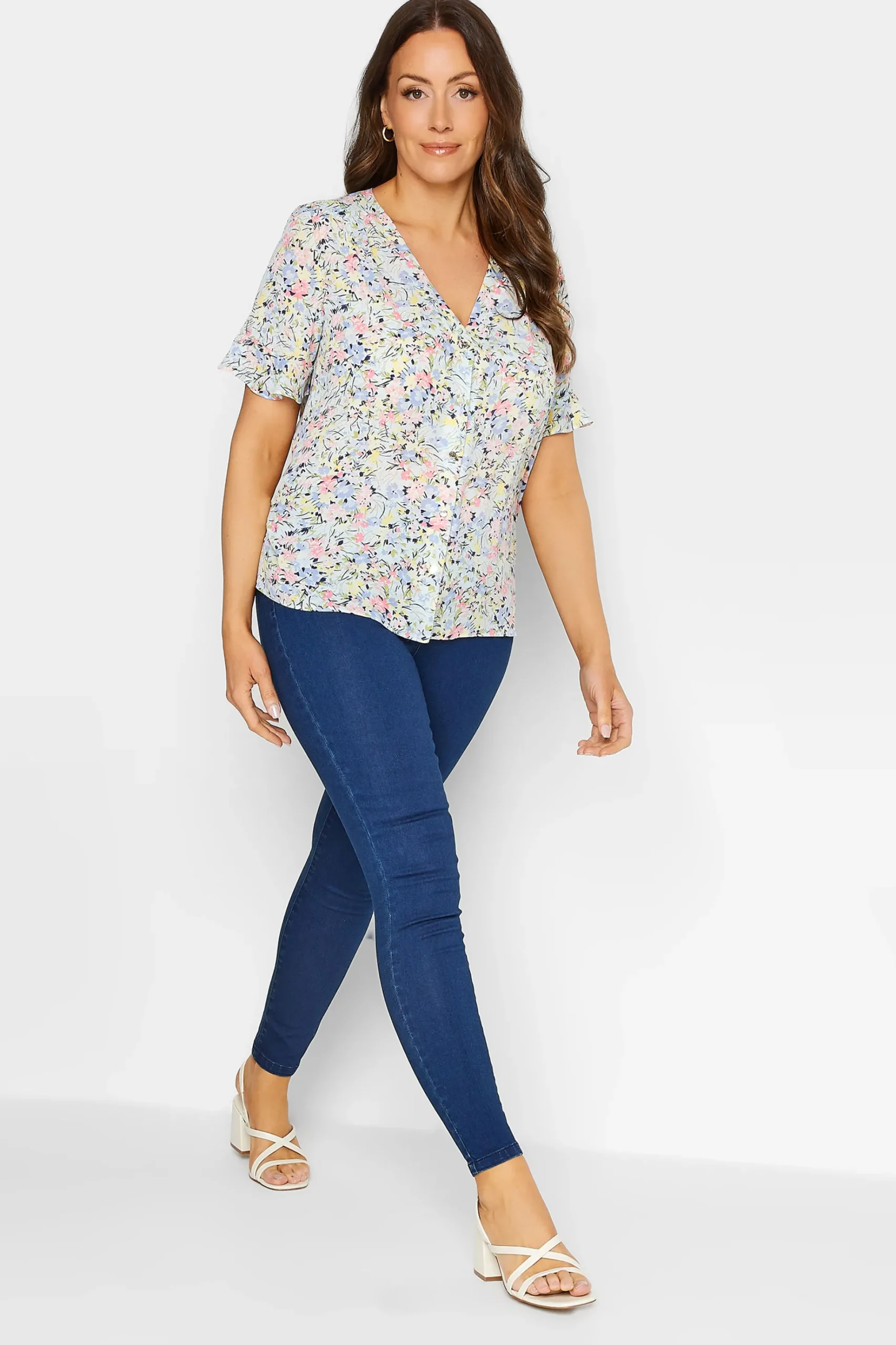 M&Co Womens M&Co Blue Floral Print Frill Sleeve Blouse
