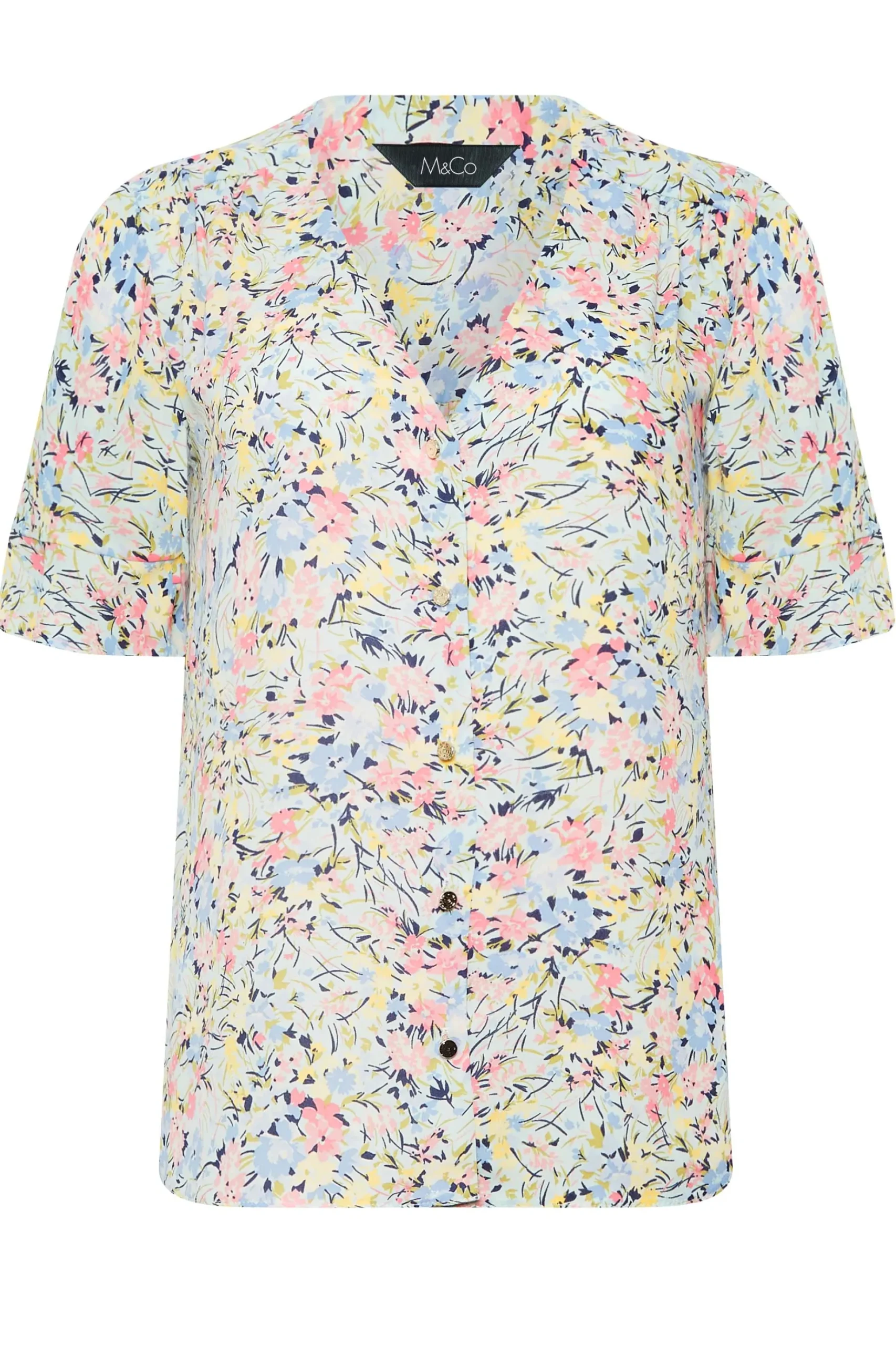M&Co Womens M&Co Blue Floral Print Frill Sleeve Blouse