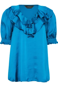 M&Co Womens M&Co Blue Frill Front Satin Blouse