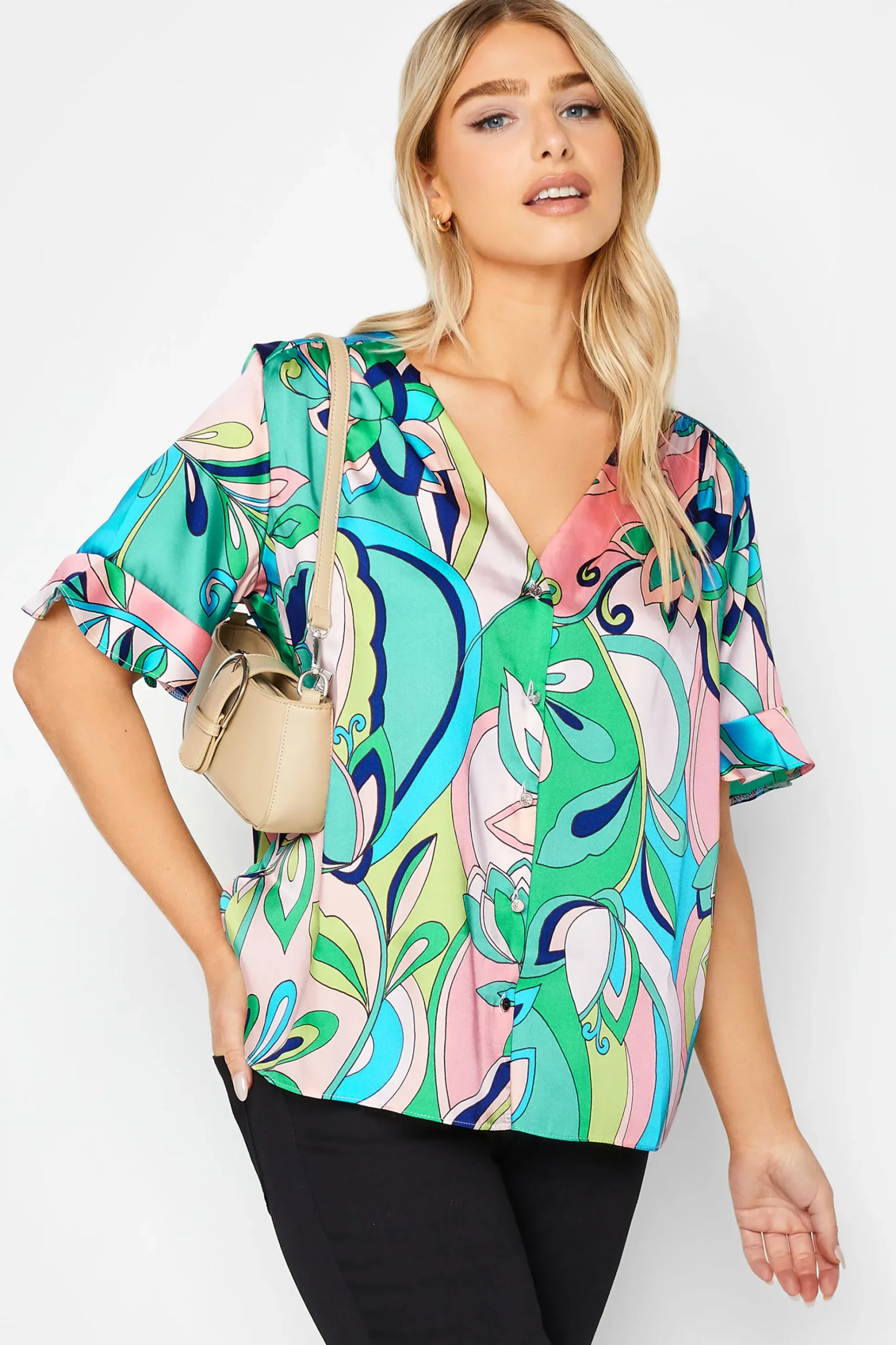 M&Co Womens M&Co Blue Geometric Print Satin Blouse