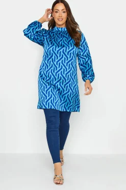 M&Co Womens M&Co Blue Geometric Print Satin Tunic Blouse