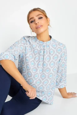 M&Co Womens M&Co Blue Geometric Print High Neck Blouse