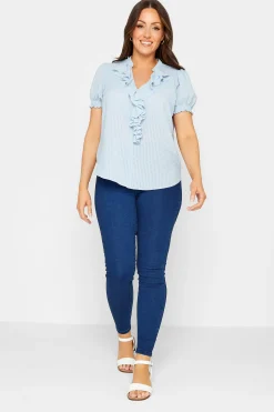 M&Co Womens M&Co Blue Gingham Frill Front Blouse