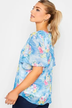 M&Co Womens M&Co Blue Hawaiian Print Angel Sleeve Blouse