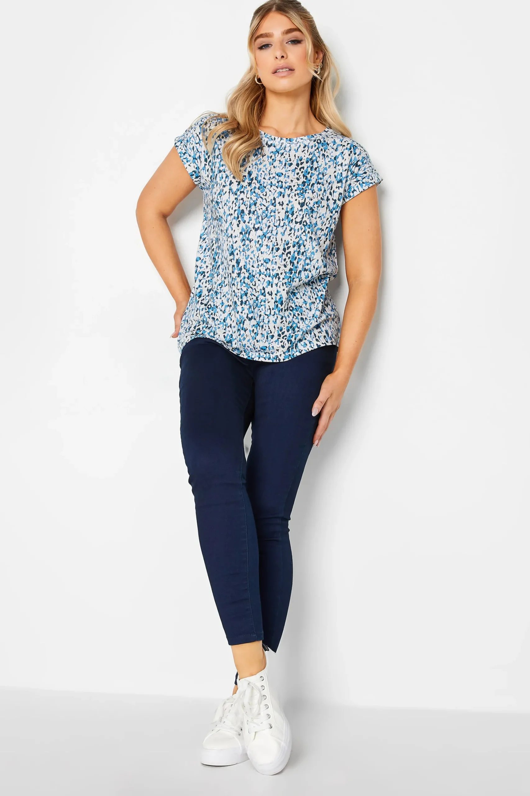 M&Co Womens M&Co Blue Leopard Print Short Sleeve Cotton Blend Top