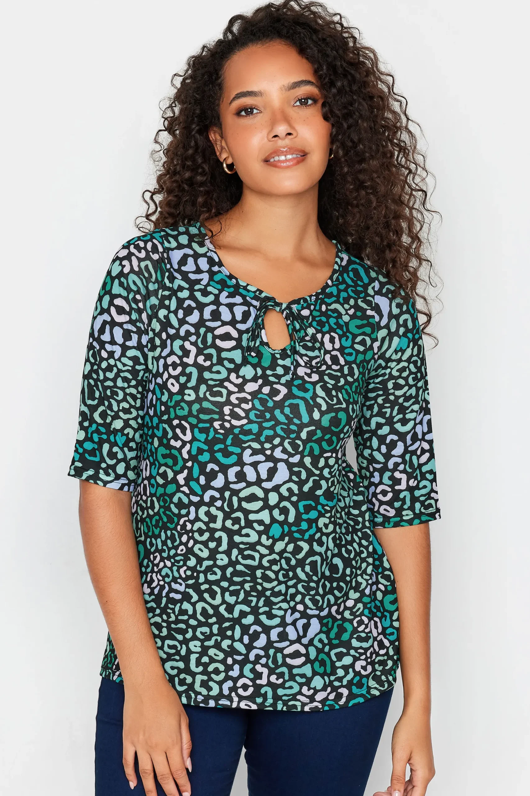 M&Co Womens M&Co Blue Leopard Print Tie Front Top