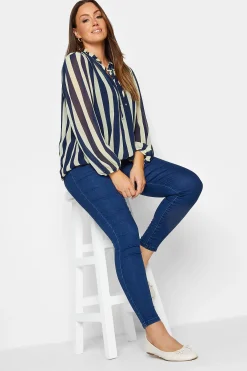 M&Co Womens M&Co Blue Stripe Tie Neck Blouse