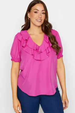 M&Co Womens M&Co Bright Pink Frill Front Blouse