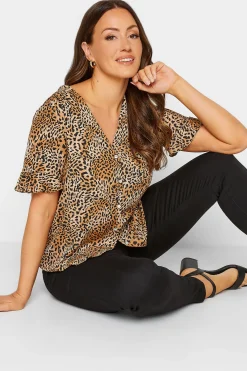 M&Co Womens M&Co Brown Animal Print Frill Sleeve Button Through Blouse