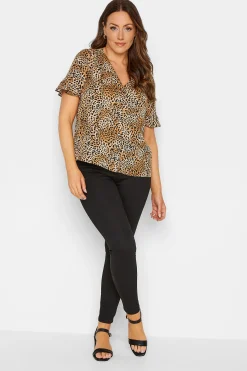 M&Co Womens M&Co Brown Animal Print Frill Sleeve Button Through Blouse