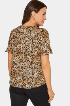 M&Co Womens M&Co Brown Animal Print Frill Sleeve Button Through Blouse