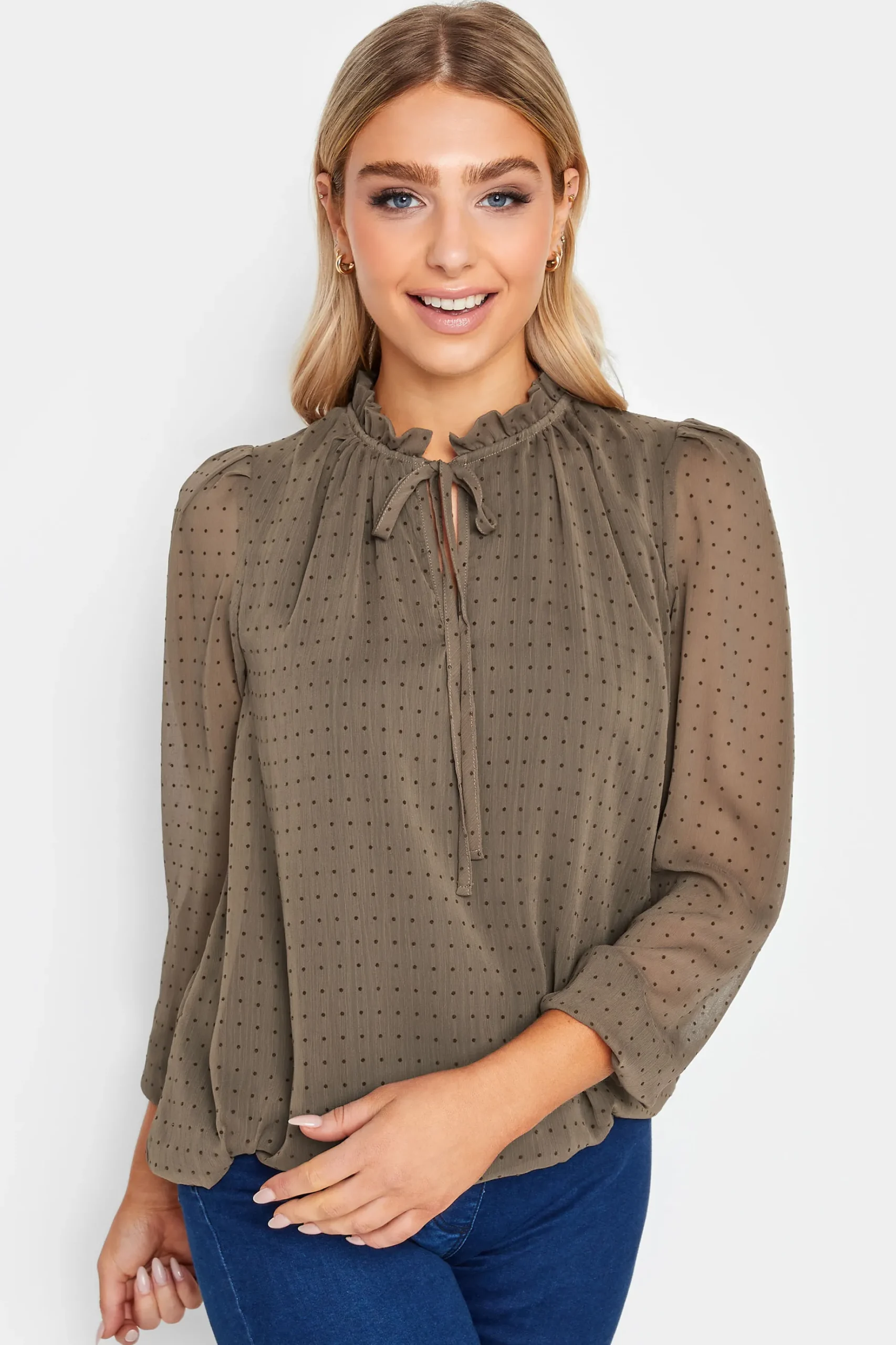 M&Co Womens M&Co Brown Dobby Tie Neck Blouse