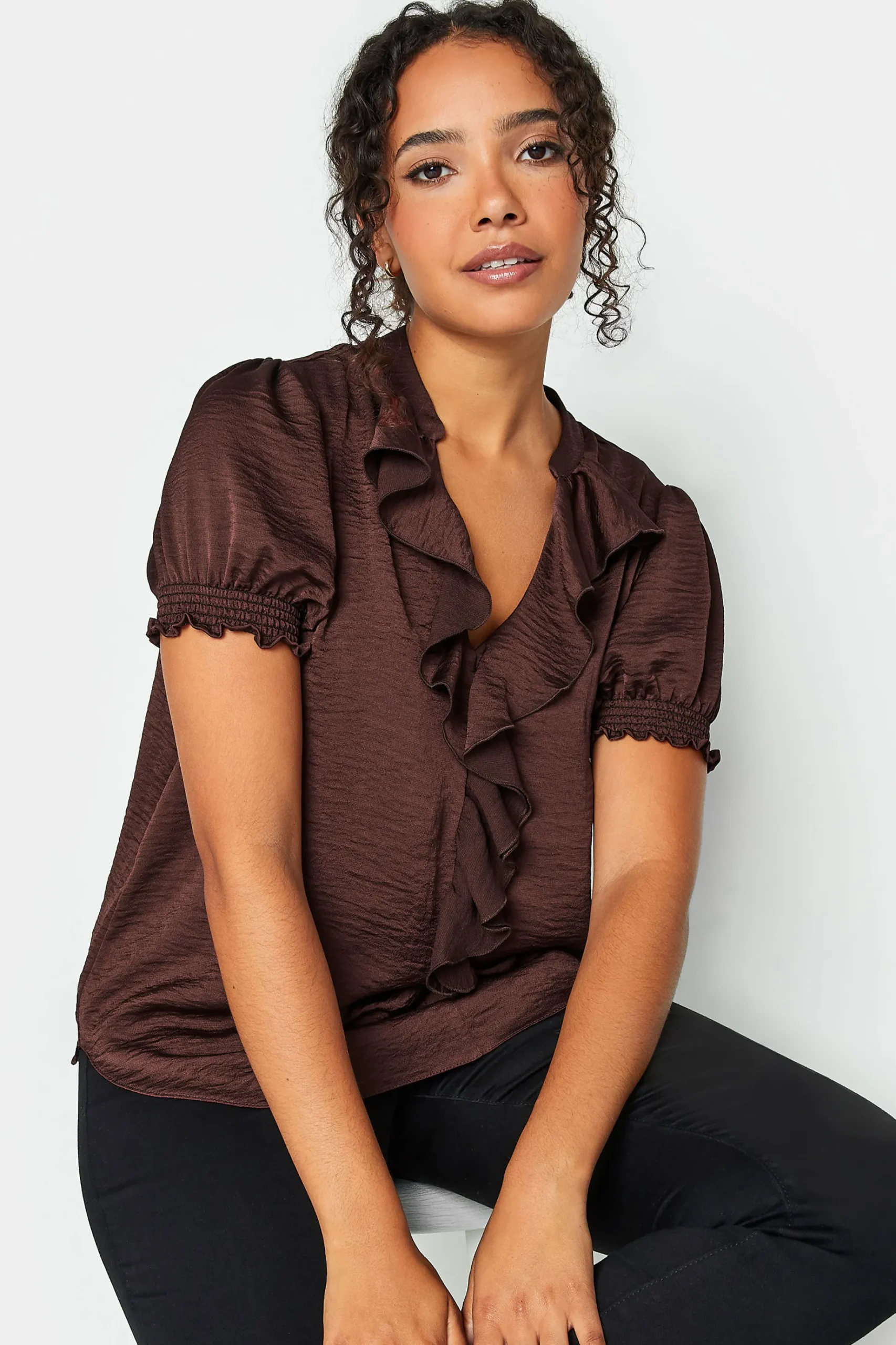 M&Co Womens M&Co Brown Frill Satin Blouse
