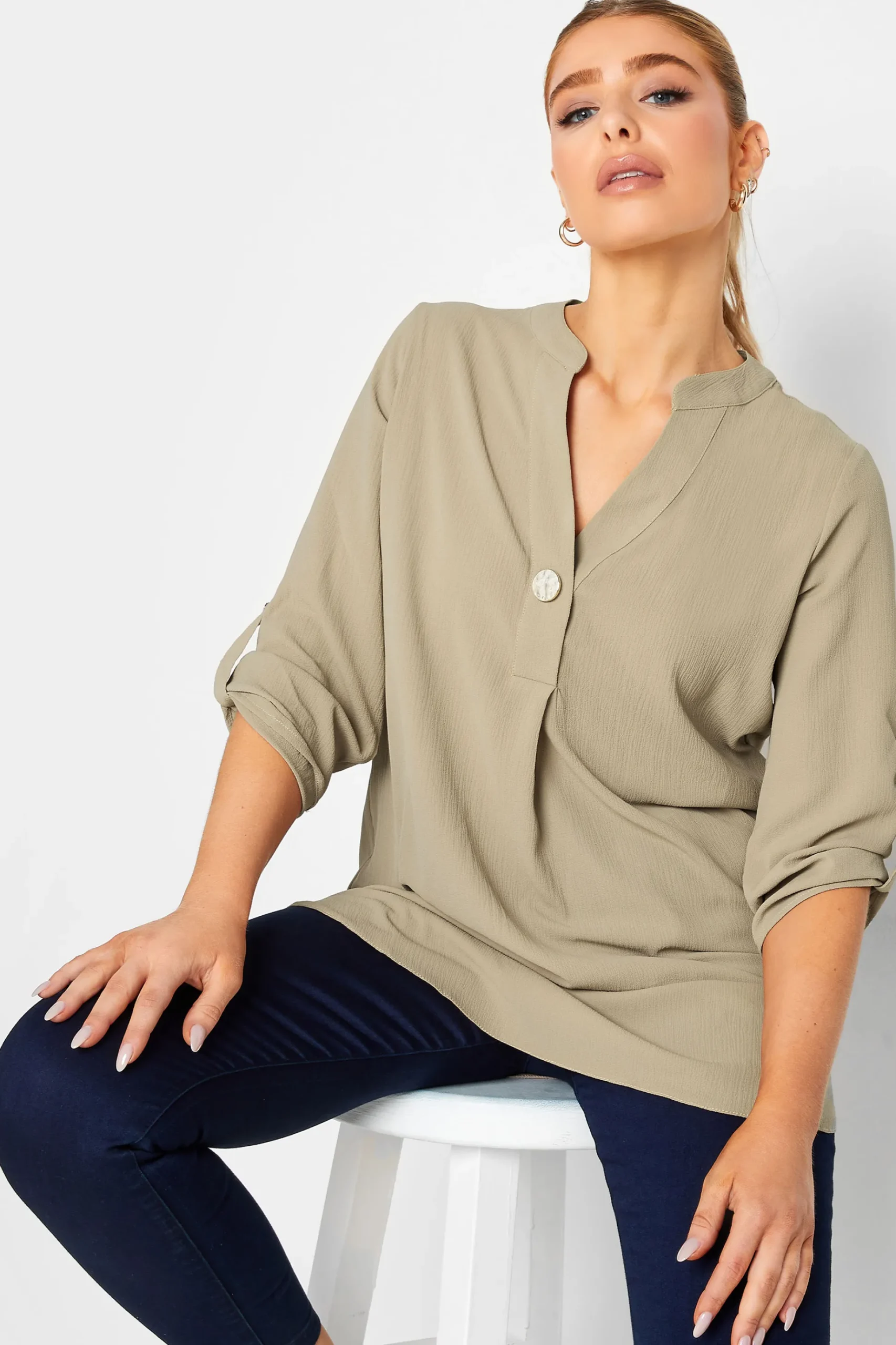M&Co Womens M&Co Brown Statement Button Tab Sleeve Shirt