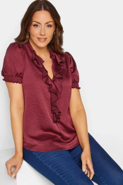 M&Co Womens M&Co Burgundy Red Frill Satin Blouse