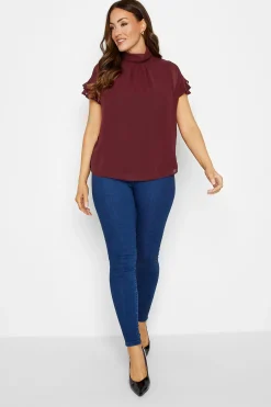 M&Co Womens M&Co Burgundy Red High Neck Frill Sleeve Blouse