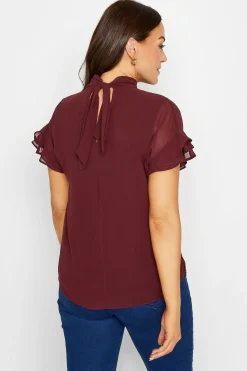 M&Co Womens M&Co Burgundy Red High Neck Frill Sleeve Blouse