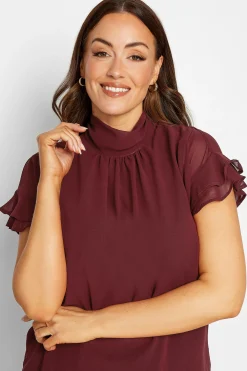 M&Co Womens M&Co Burgundy Red High Neck Frill Sleeve Blouse