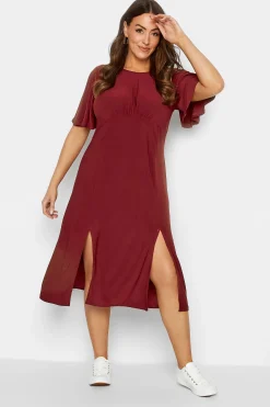 M&Co Womens M&Co Burgundy Red Angel Sleeve Split Hem Midi Dress