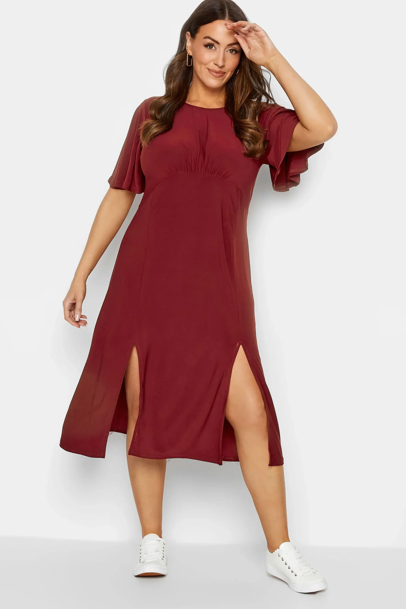 M&Co Womens M&Co Burgundy Red Angel Sleeve Split Hem Midi Dress