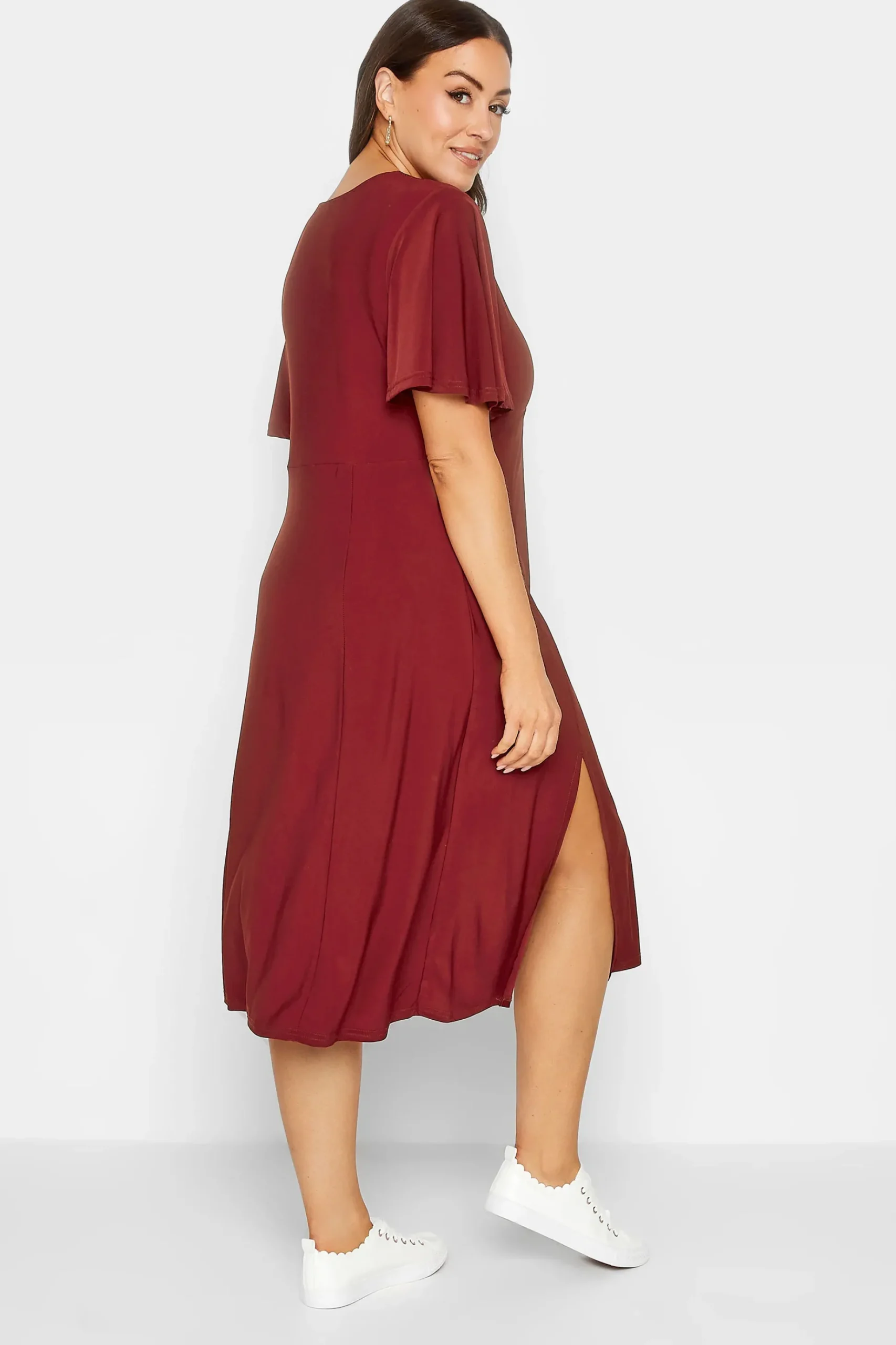 M&Co Womens M&Co Burgundy Red Angel Sleeve Split Hem Midi Dress