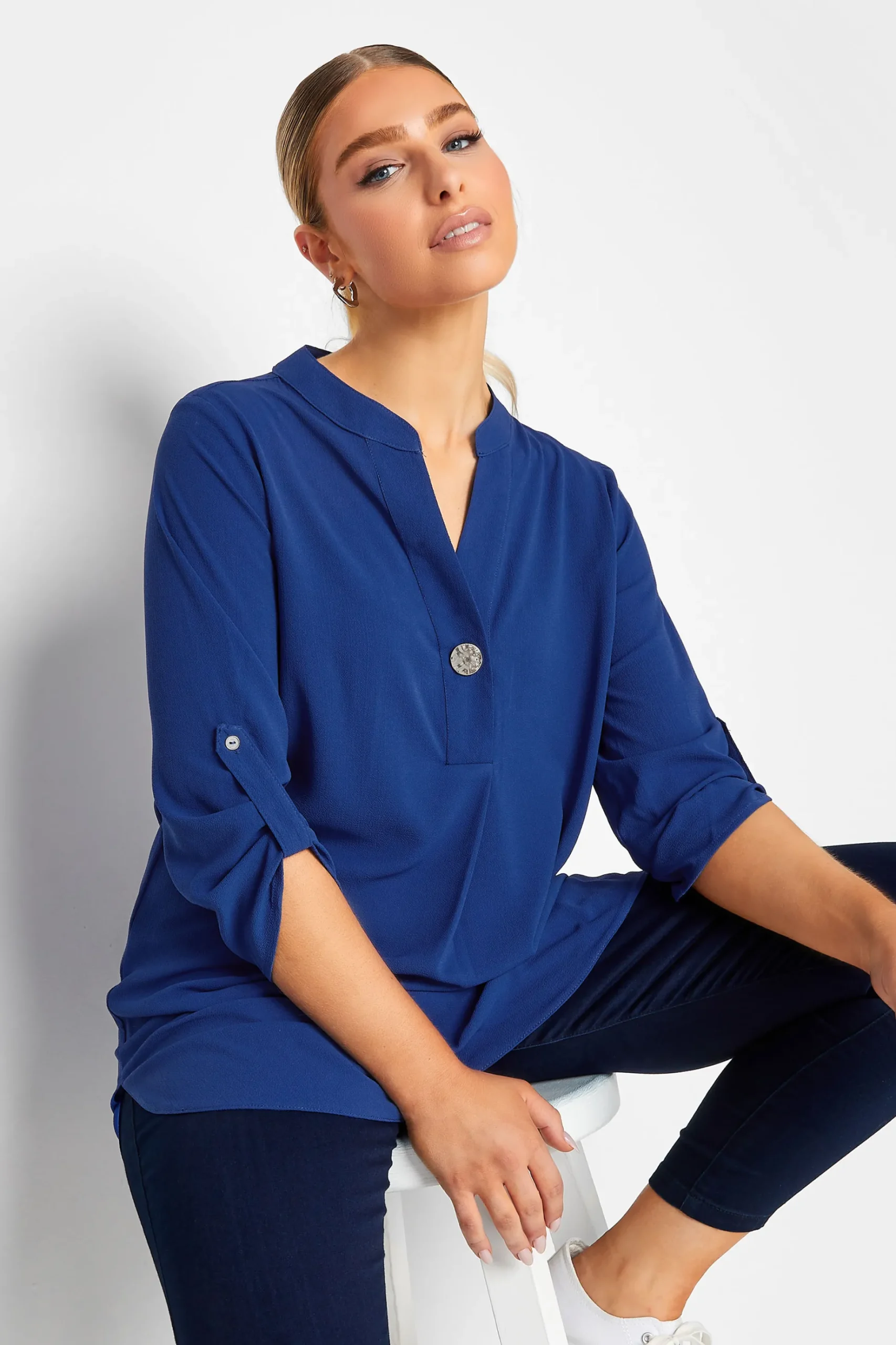 M&Co Womens M&Co Cobalt Blue Long Sleeve Button Blouse