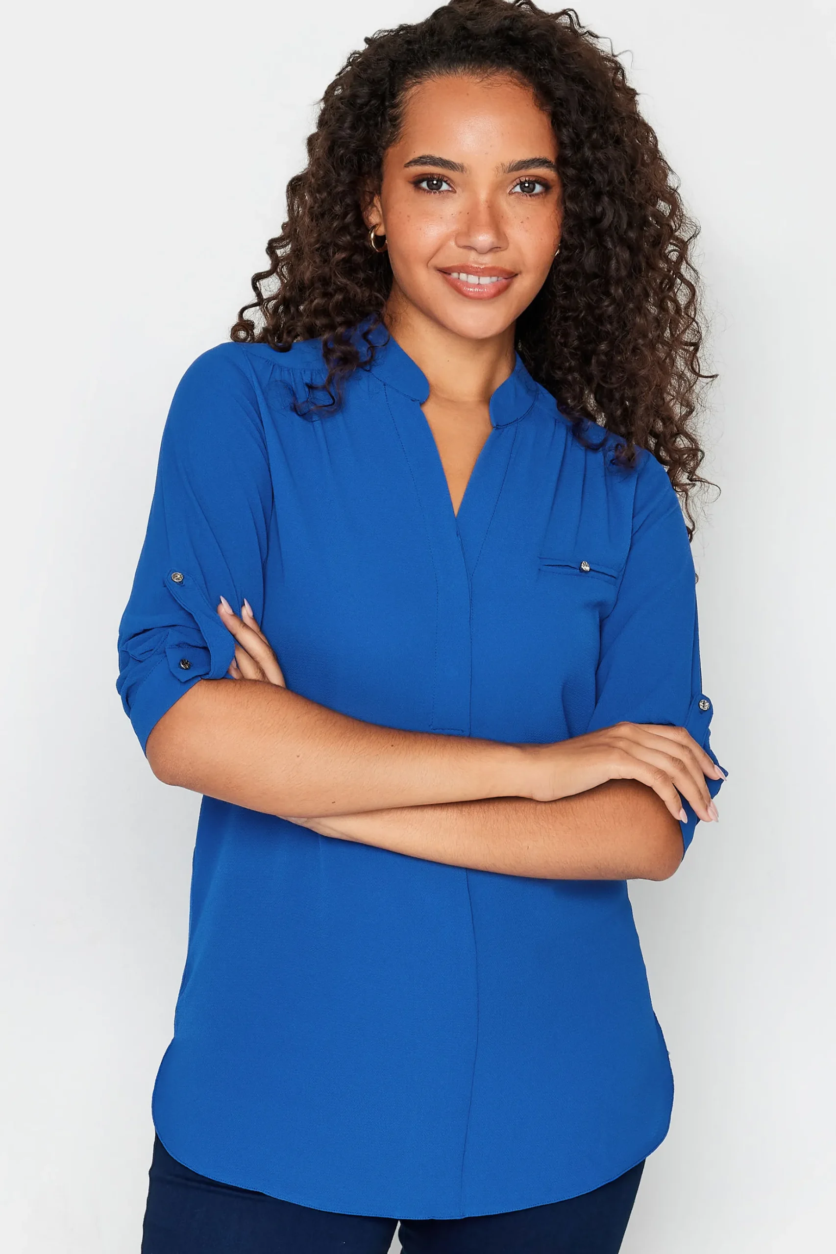 M&Co Womens M&Co Cobalt Blue Tab Sleeve Blouse