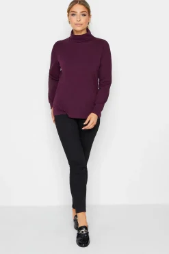 M&Co Womens M&Co Dark Purple Turtle Neck Long Sleeve Cotton Blend Top