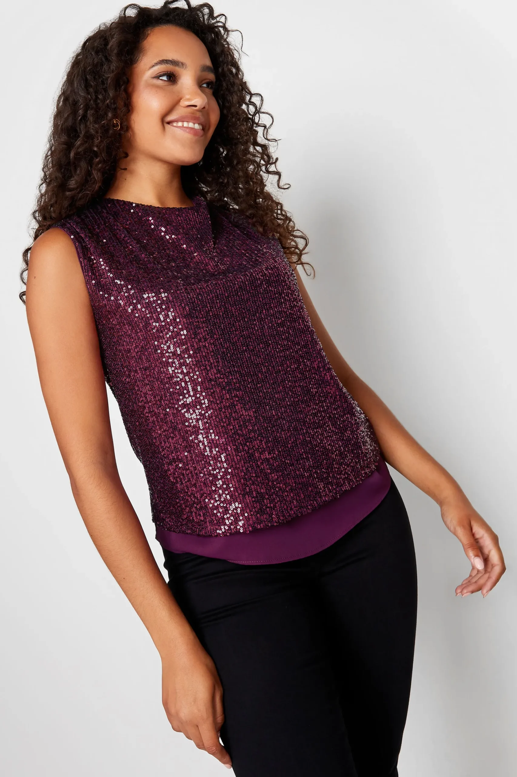 M&Co Womens M&Co Dark Purple Sequin Tie Back Top