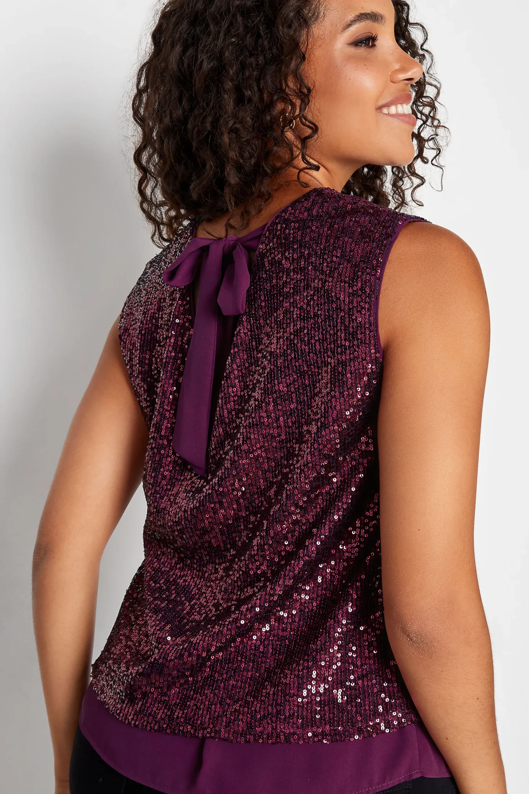 M&Co Womens M&Co Dark Purple Sequin Tie Back Top