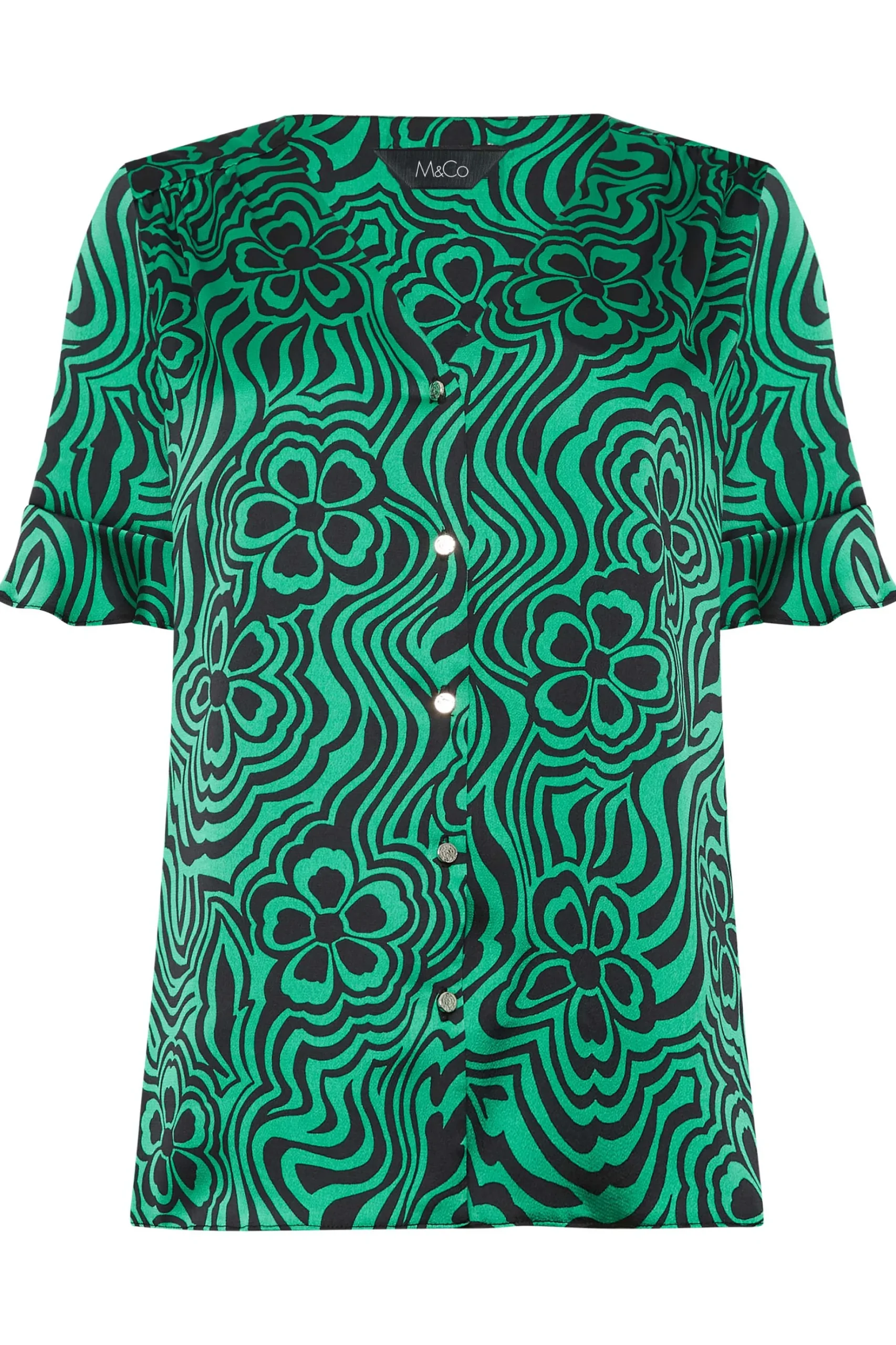 M&Co Womens M&Co Green Floral Swirl Print Frill Sleeve Blouse