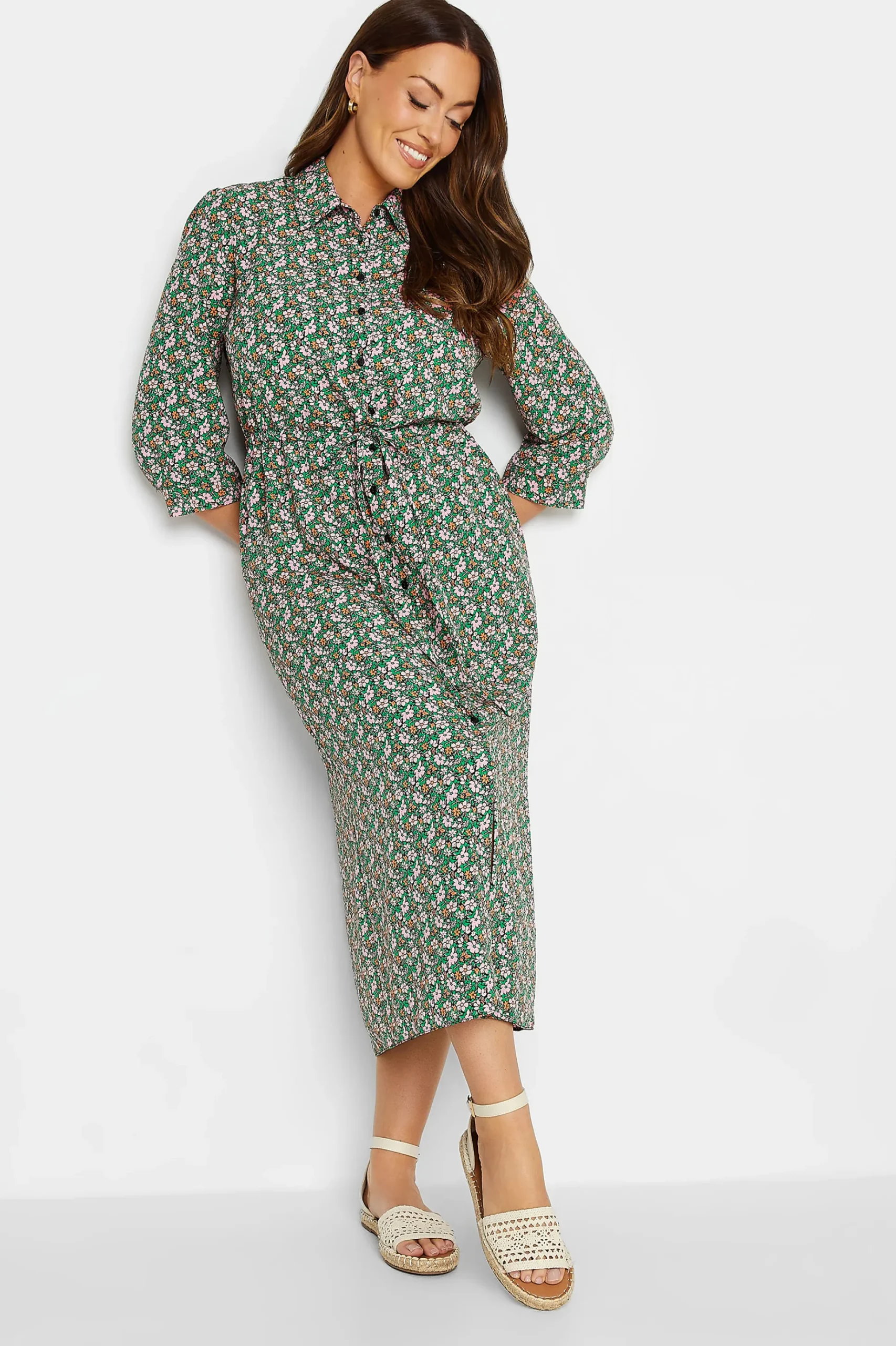 M&Co Womens M&Co Green Floral Print Midi Shirt Dress