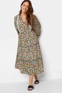 M&Co Womens M&Co Green Floral Print Crochet Trim Maxi Dress