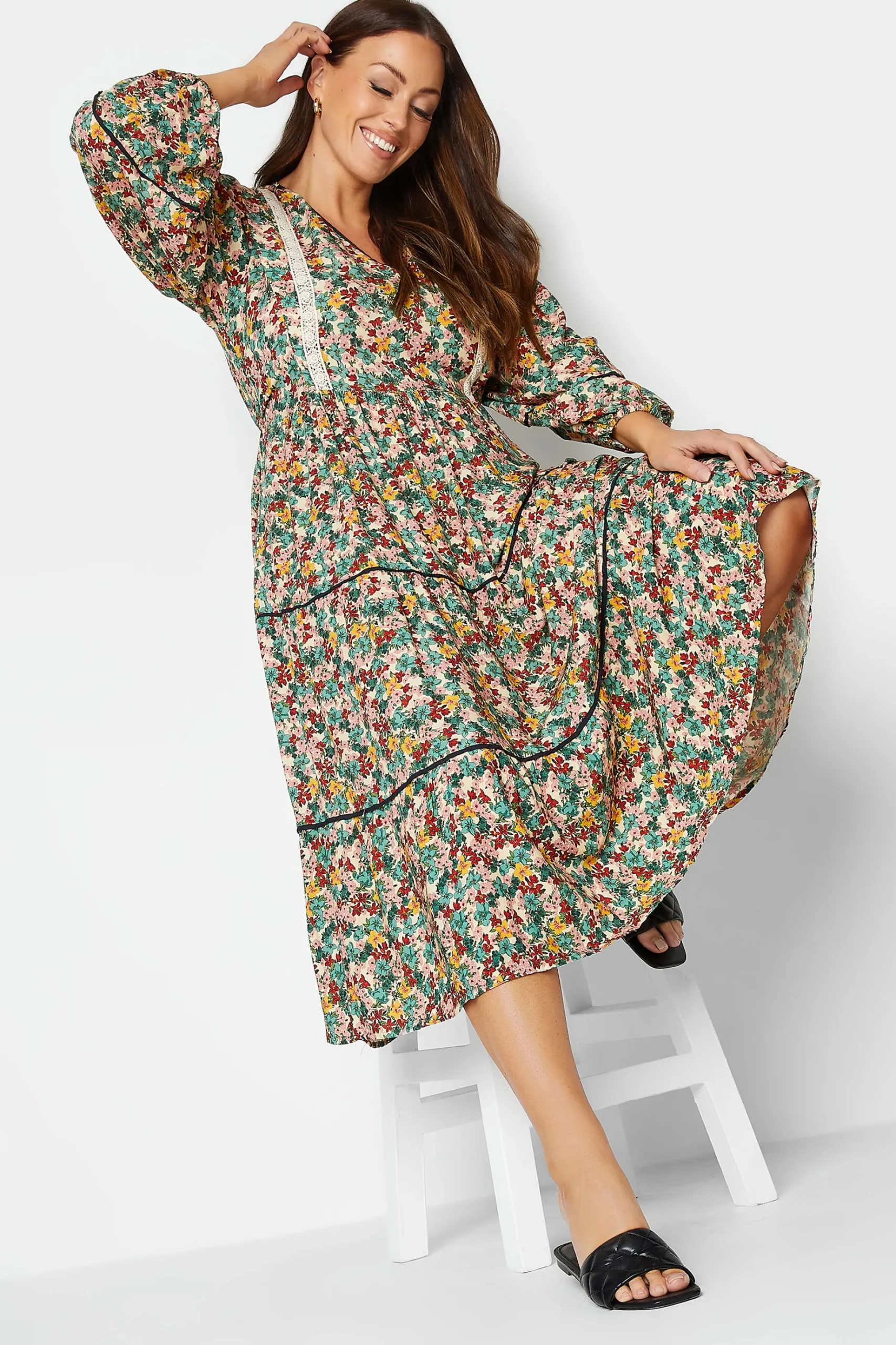 M&Co Womens M&Co Green Floral Print Crochet Trim Maxi Dress